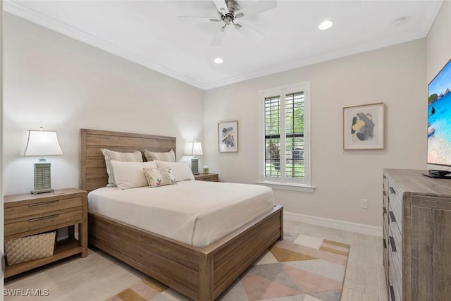 bedroom featuring recessed lighting, baseboards, ornamental molding, and a ceiling fan
