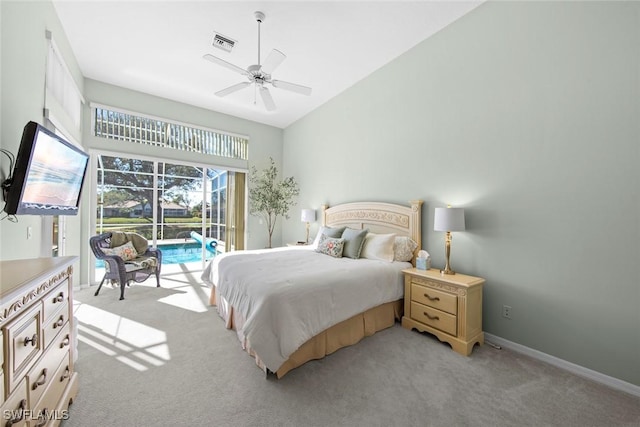 19765 Vintage Trace Cir, Estero, FL 33967 - bedroom featuring vaulted ceiling, visible vents, light colored carpet, and access to outside
