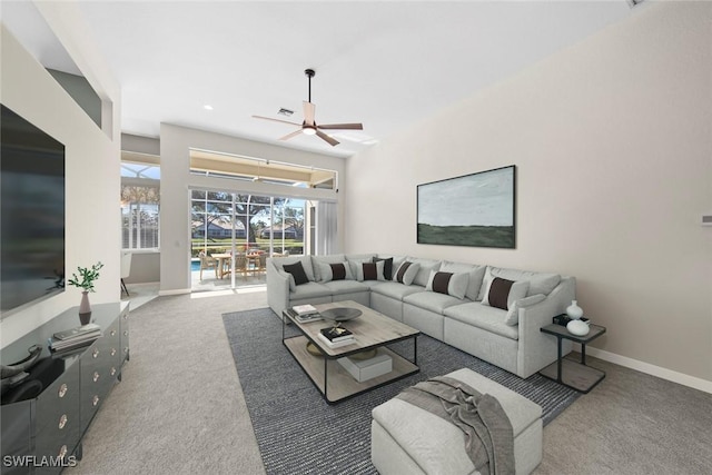 19765 Vintage Trace Cir, Estero, FL 33967 - carpeted living room featuring visible vents, baseboards, recessed lighting, and ceiling fan