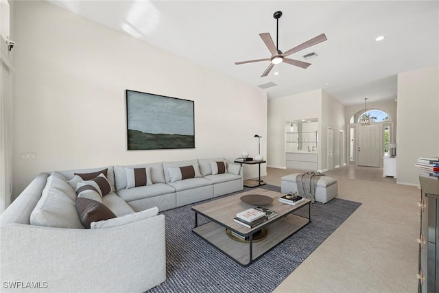19765 Vintage Trace Cir, Estero, FL 33967 - living area featuring a ceiling fan, visible vents, carpet floors, and recessed lighting