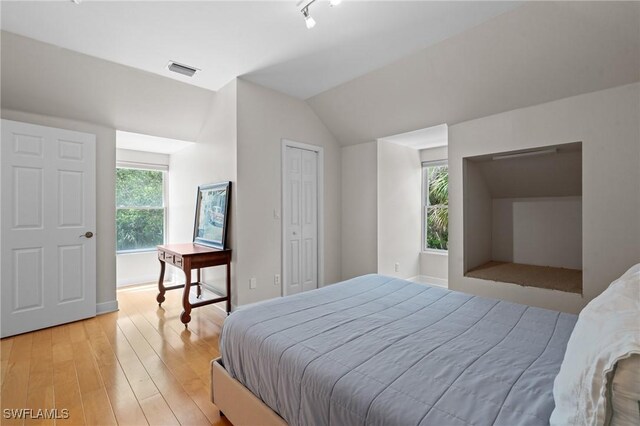20732 Charing Cross Cir, Estero, FL 33928 - bedroom with lofted ceiling, light wood-type flooring, baseboards, and track lighting