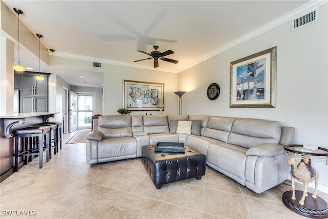 8201 Grand Palm Dr Unit 4, Estero, FL 33967 - living room with crown molding, ceiling fan, and light tile patterned floors
