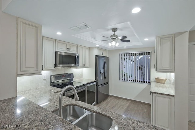 kitchen with a sink, dark stone counters, a tray ceiling, and stainless steel appliances