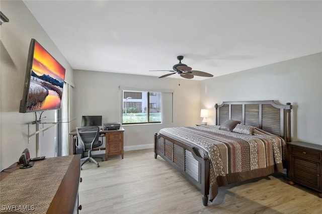 bedroom with a ceiling fan, baseboards, and light wood finished floors