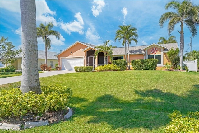 ranch-style house with driveway, fence, a garage, a front lawn, and stucco siding