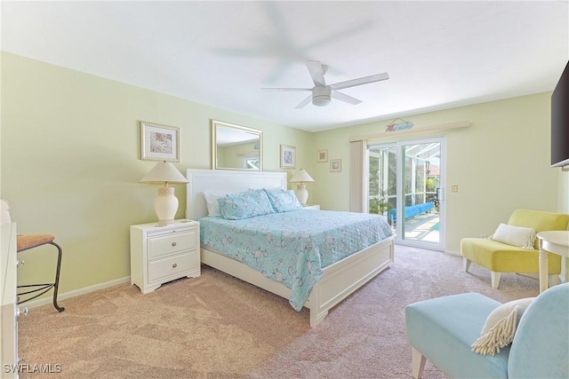 bedroom with light carpet, baseboards, access to outside, and ceiling fan