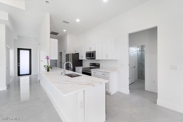 9020 S Casa Ct, Labelle, FL 33935 - kitchen with visible vents, appliances with stainless steel finishes, a peninsula, white cabinets, and a sink