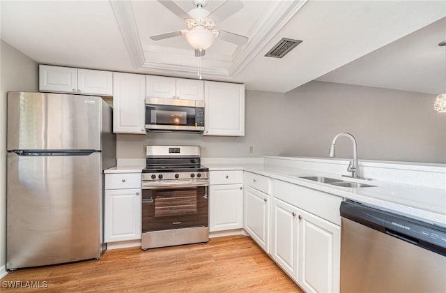 kitchen featuring visible vents, a tray ceiling, light wood-style flooring, a sink, and appliances with stainless steel finishes