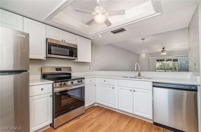 kitchen featuring light wood-type flooring, a sink, a tray ceiling, stainless steel appliances, and ceiling fan