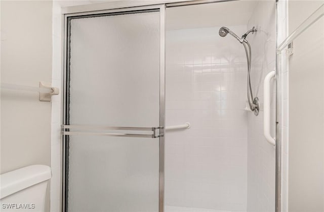 bathroom featuring a stall shower and toilet