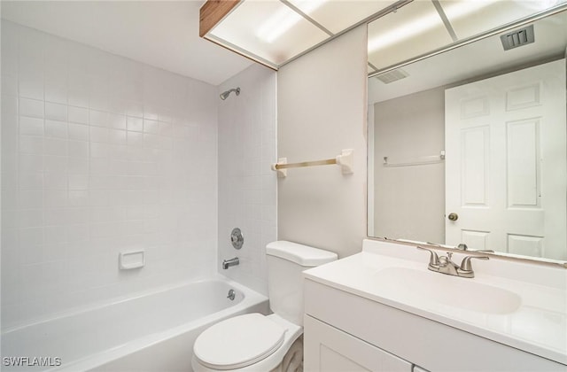 full bathroom featuring visible vents, vanity, toilet, and washtub / shower combination