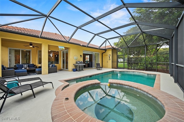 13800 Farnese Dr, Estero, FL 33928 - view of pool with an outdoor living space, ceiling fan, a pool with connected hot tub, a patio, and area for grilling