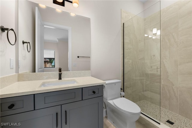 full bath featuring toilet, vanity, and a tile shower