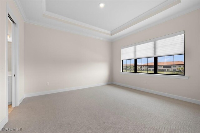 empty room featuring a tray ceiling, baseboards, and crown molding