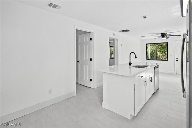 3652 Hibiscus Ave, Naples, FL 34104 - kitchen with visible vents, ceiling fan, light countertops, white cabinetry, and a sink