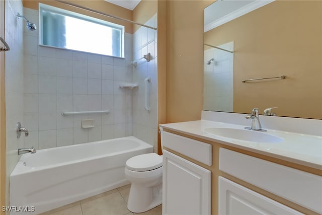24840 Divot Dr, Bonita Springs, FL 34135 - full bathroom featuring toilet, vanity, shower / bathtub combination, tile patterned flooring, and crown molding
