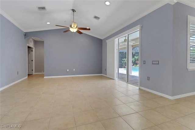 24840 Divot Dr, Bonita Springs, FL 34135 - empty room with a ceiling fan, arched walkways, lofted ceiling, crown molding, and baseboards