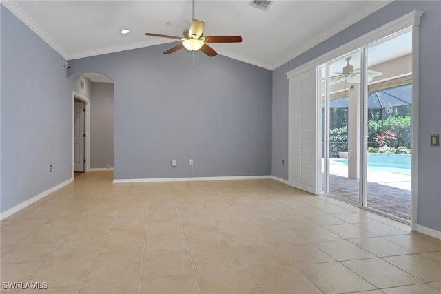 24840 Divot Dr, Bonita Springs, FL 34135 - empty room with a ceiling fan, crown molding, arched walkways, vaulted ceiling, and baseboards