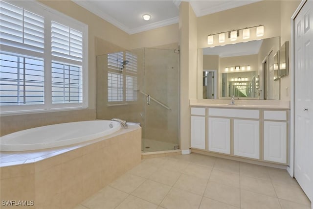 24840 Divot Dr, Bonita Springs, FL 34135 - bathroom with vanity, a bath, tile patterned floors, a shower stall, and ornamental molding