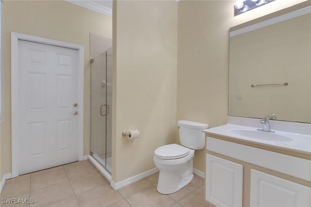 24840 Divot Dr, Bonita Springs, FL 34135 - full bath featuring vanity, toilet, a stall shower, baseboards, and crown molding