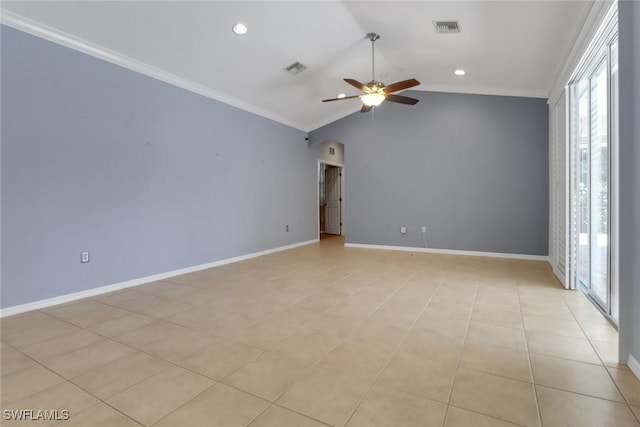 24840 Divot Dr, Bonita Springs, FL 34135 - empty room with a ceiling fan, lofted ceiling, ornamental molding, baseboards, and recessed lighting