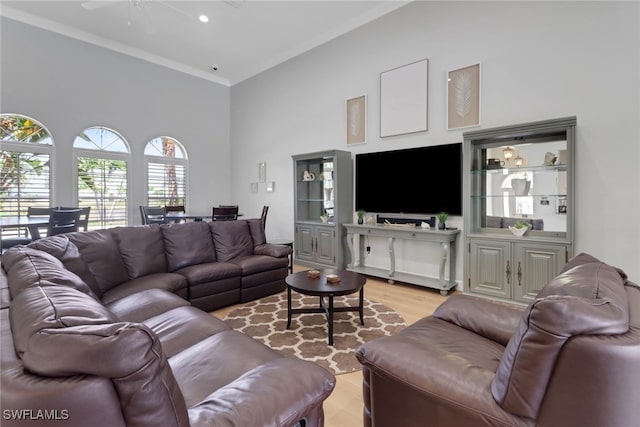 24840 Divot Dr, Bonita Springs, FL 34135 - living area featuring a high ceiling, ornamental molding, light wood finished floors, and ceiling fan