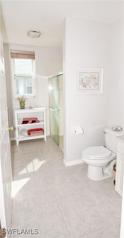full bathroom with visible vents, toilet, a stall shower, and vanity