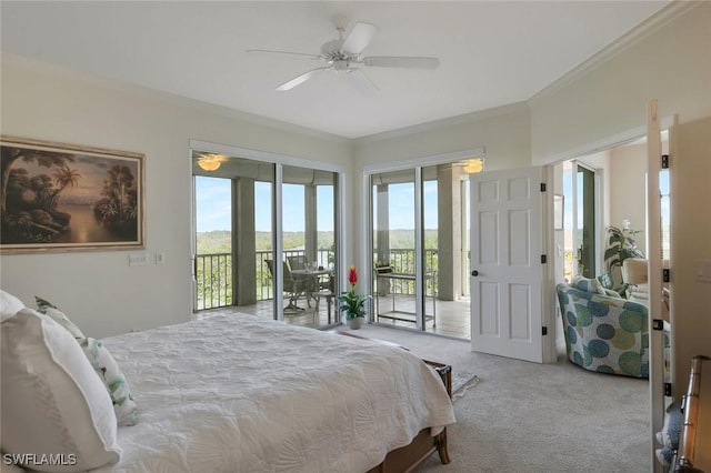carpeted bedroom featuring ceiling fan, access to outside, and ornamental molding