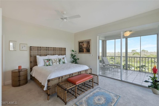 bedroom with access to exterior, ceiling fan, baseboards, and carpet