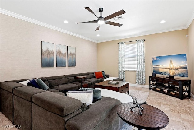 living room featuring recessed lighting, stone finish floor, ceiling fan, baseboards, and visible vents