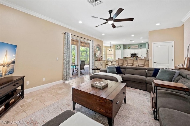living area featuring recessed lighting, crown molding, a ceiling fan, visible vents, and baseboards