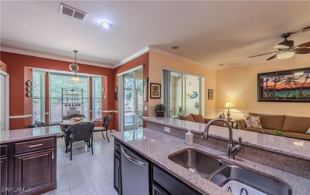20695 Country Barn Dr, Estero, FL 33928 - kitchen featuring visible vents, a sink, stainless steel dishwasher, crown molding, and open floor plan