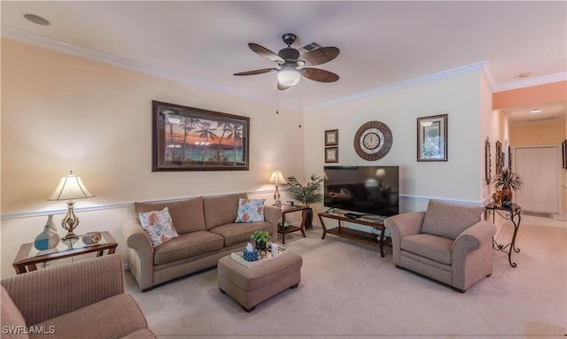 20695 Country Barn Dr, Estero, FL 33928 - living room featuring light carpet, crown molding, and ceiling fan