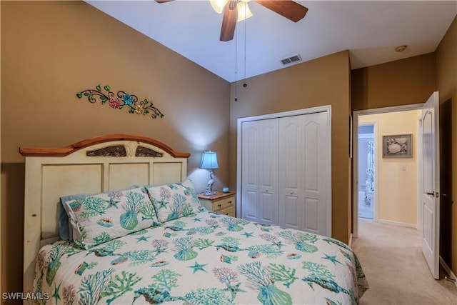 20695 Country Barn Dr, Estero, FL 33928 - carpeted bedroom with visible vents, baseboards, vaulted ceiling, a closet, and a ceiling fan