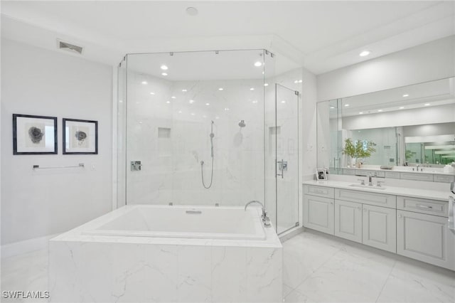 4971 Bonita Bay Blvd Unit Ph2503, Bonita Springs, FL 34134 - bathroom featuring a bath, vanity, a marble finish shower, recessed lighting, and marble finish floors
