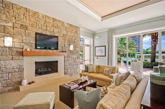 4971 Bonita Bay Blvd Unit Ph2503, Bonita Springs, FL 34134 - living area featuring crown molding, a stone fireplace, and a tray ceiling