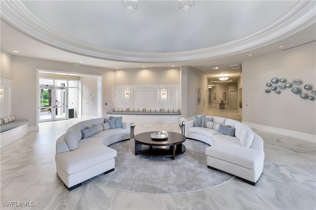 4971 Bonita Bay Blvd Unit Ph2503, Bonita Springs, FL 34134 - living room with marble look tiles, recessed lighting, french doors, and a tray ceiling