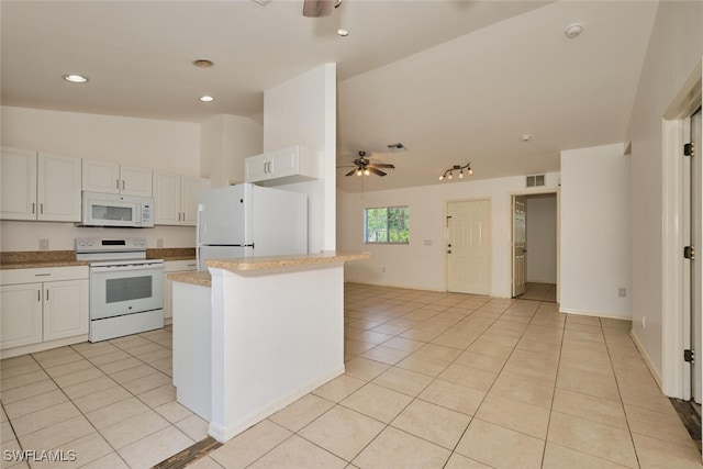 kitchen with a ceiling fan, visible vents, white cabinets, white appliances, and light tile patterned flooring