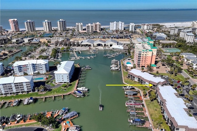 birds eye view of property with a water view and a city view