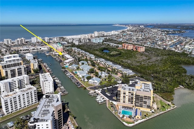 drone / aerial view with a water view