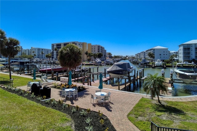 view of dock with a water view and boat lift