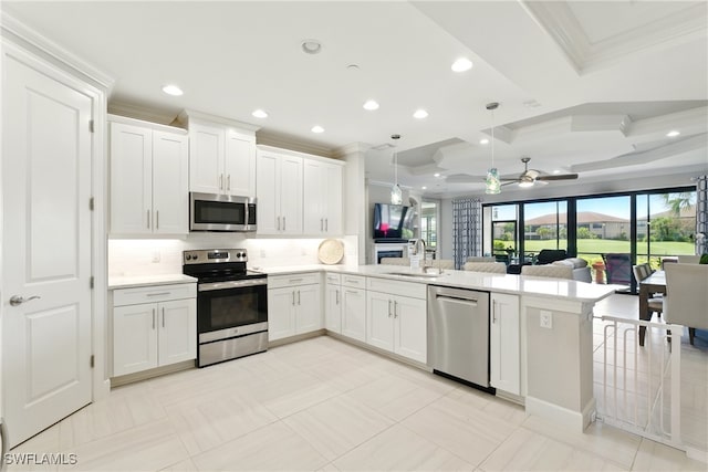 kitchen featuring crown molding, a peninsula, open floor plan, a sink, and stainless steel appliances
