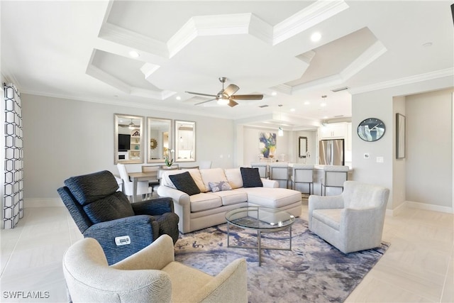living room with crown molding, baseboards, ceiling fan, and coffered ceiling