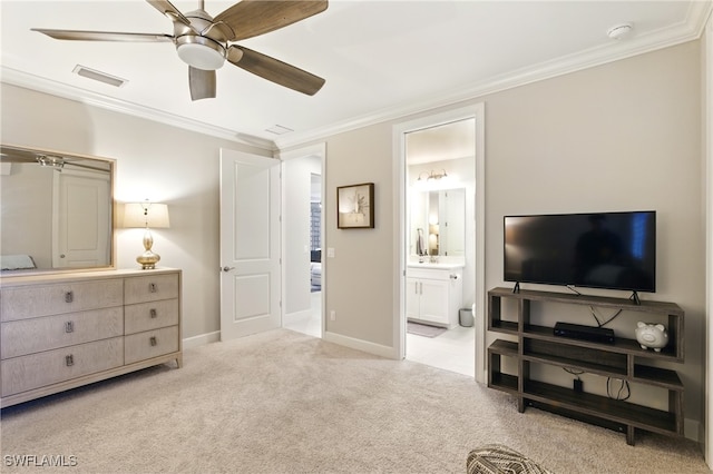 bedroom featuring visible vents, baseboards, connected bathroom, ornamental molding, and carpet flooring