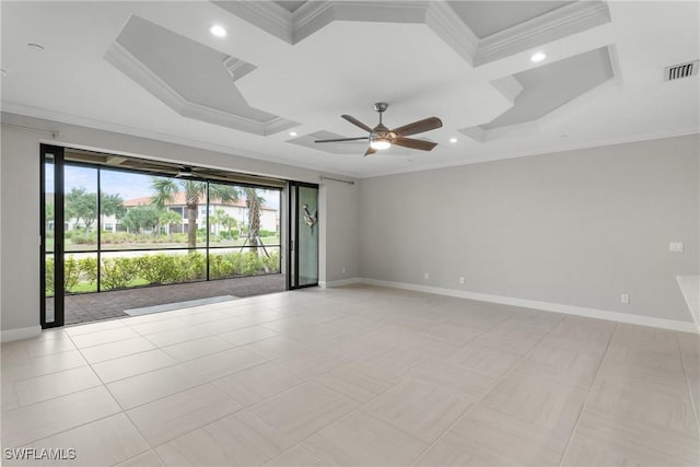 9654 Montelanico Loop Unit 102, Naples, FL 34119 - spare room with crown molding, baseboards, a ceiling fan, coffered ceiling, and recessed lighting