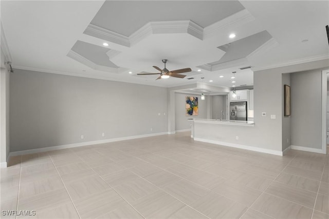 9654 Montelanico Loop Unit 102, Naples, FL 34119 - unfurnished living room with ornamental molding, coffered ceiling, a ceiling fan, recessed lighting, and baseboards
