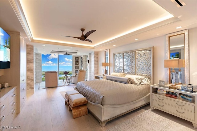 bedroom with access to outside, recessed lighting, light wood-style floors, a raised ceiling, and ceiling fan