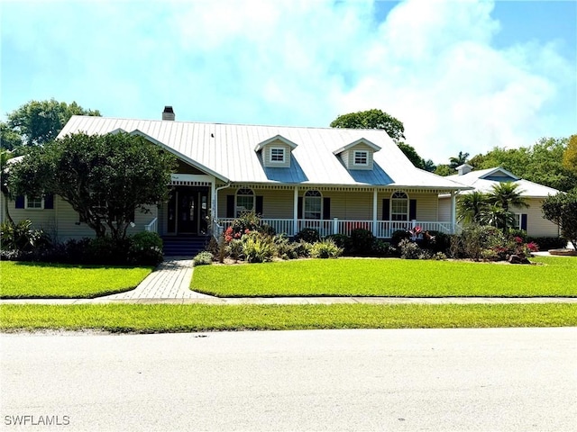 234 W Circle Dr, Clewiston, FL 33440 - view of front facade featuring metal roof, a chimney, covered porch, and a front yard