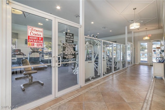 exercise room with french doors, tile patterned floors, recessed lighting, and visible vents