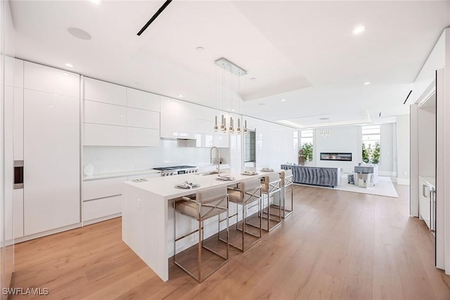 1165 8th St S Unit 202, Naples, FL 34102 - kitchen featuring white cabinets, light wood-style flooring, modern cabinets, and an island with sink